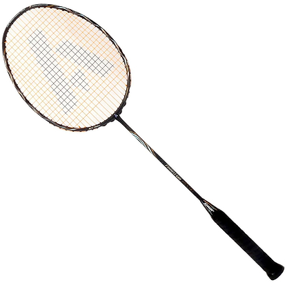 Displaying diagonally against a plain white background, the Ashaway Phantom Helix Badminton Racket in Black Gold features an Ashaway Zymax Fire 69 orange string pattern on the head and a black grip handle.