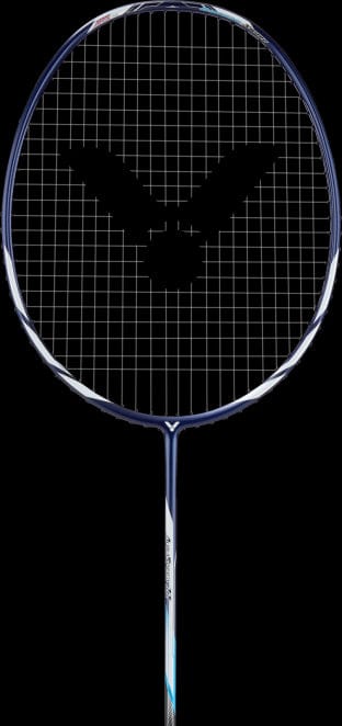 Introducing the Victor Auraspeed 11B Badminton Racket by Victor, an ideal choice for beginners. This racket features a stylish ultra-thin blue frame complemented by a black handle. Its strings are arranged in a crossed pattern with a striking black bird silhouette at the center, all set against a sleek solid black background.