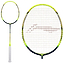 The Li-Ning Aeronaut 9000 Drive Badminton Racket, made by Li-Ning, comes in a striking yellow and black design. It features a white grip and red string pattern for precision and control. The racket's aerodynamic frame is shown in two views: one full-length and another close-up of the head.