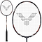 The Victor Auraspeed 100X H badminton racket from Victor showcases a black grip and features a large oval head with strings adorned by a stylized "V" logo. The frame is decorated with grey and orange accents, while its performance is enhanced by Sonic-Rebound Technology for quick responsiveness. A smaller image complements the larger display view.