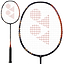 The Yonex Astrox 77 Play 4U Badminton Racket in High Orange is crafted with a graphite frame featuring an ISOMETRIC string pattern highlighted by red triangular designs. It has a black grip tape on the handle, and a close-up shows the detailed craftsmanship of the strings.