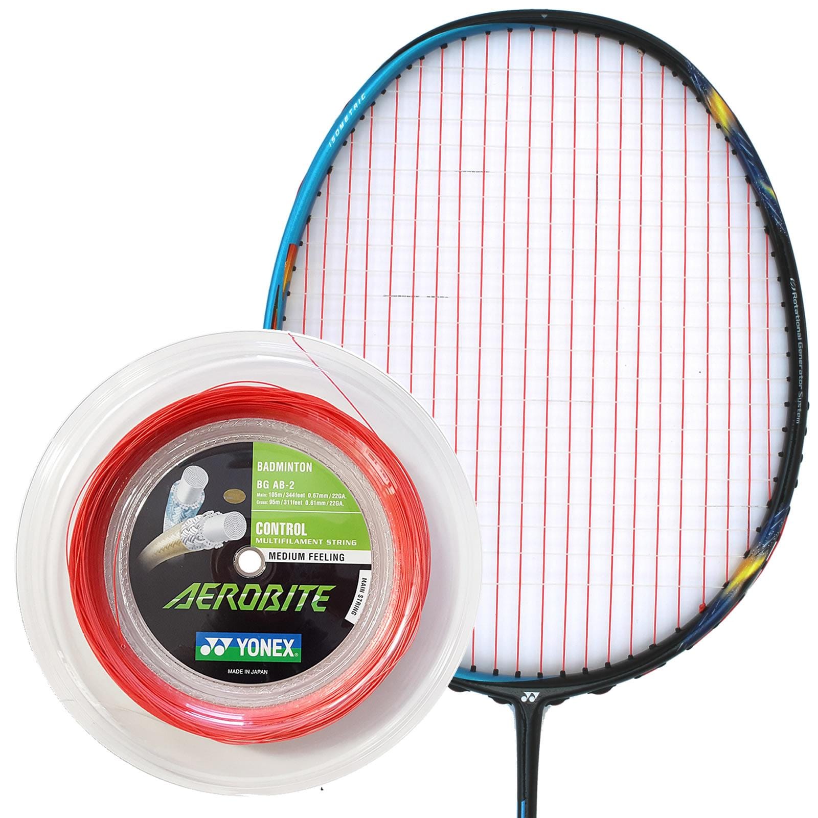 Close-up of a badminton racket featuring intricately patterned strings in vibrant red and white, expertly crafted using the Yonex AeroBite Badminton String. This Yonex string offers a hybrid setup that combines medium feel, exceptional control, and high rotational spin, making it ideal for players aiming for precise shots.