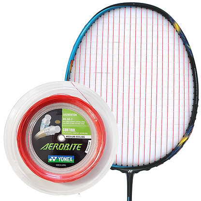 Close-up of a badminton racket featuring intricately patterned strings in vibrant red and white, expertly crafted using the Yonex AeroBite Badminton String. This Yonex string offers a hybrid setup that combines medium feel, exceptional control, and high rotational spin, making it ideal for players aiming for precise shots.