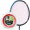 Close-up of a badminton racket featuring intricately patterned strings in vibrant red and white, expertly crafted using the Yonex AeroBite Badminton String. This Yonex string offers a hybrid setup that combines medium feel, exceptional control, and high rotational spin, making it ideal for players aiming for precise shots.