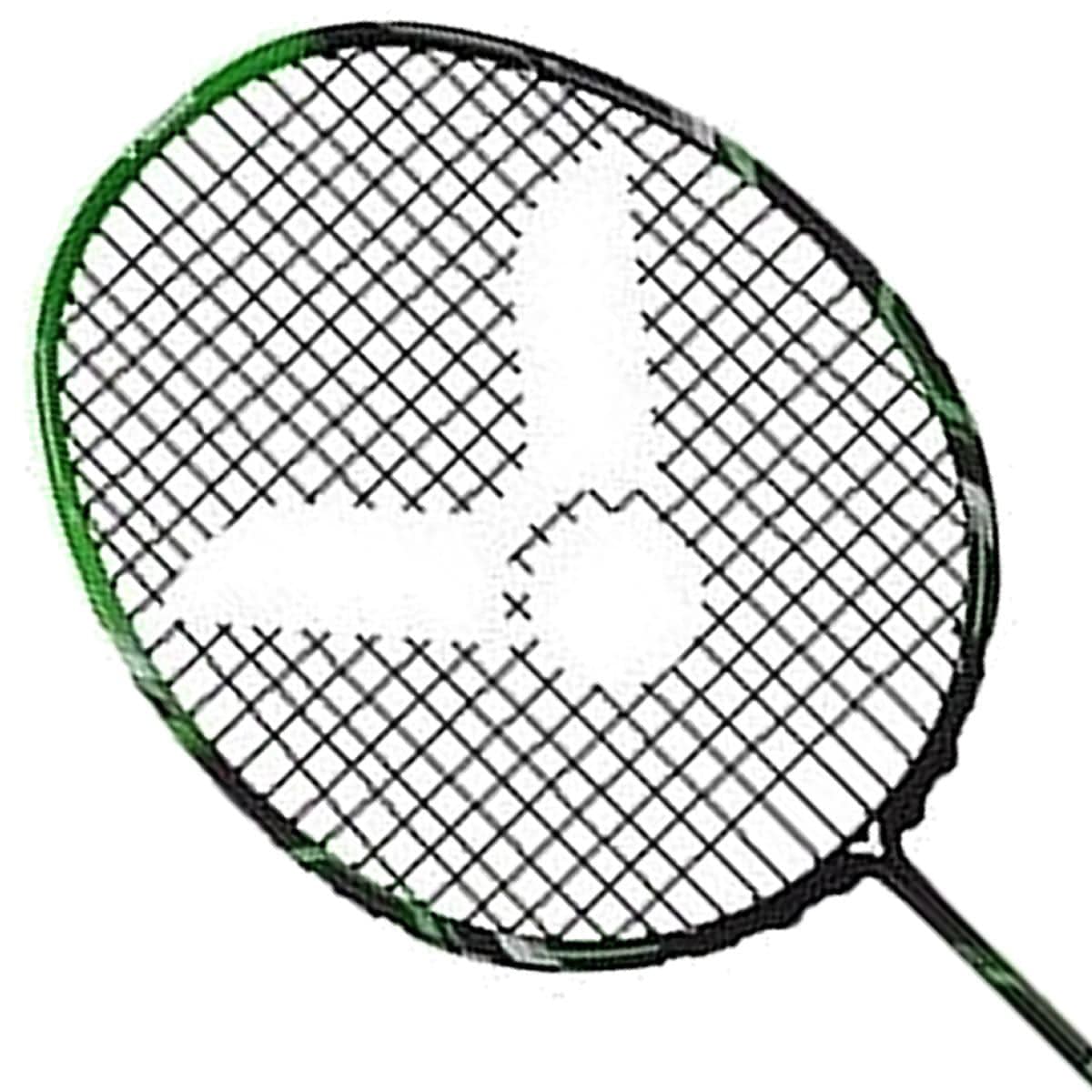 The Victor Ultramate 7 Graphite Badminton Racket - Green Black by Victor is an entry-level choice, boasting a graphite construction with a stylish black grid and green outline on a white background.