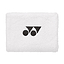 The Yonex AC492 Wristband in white, featuring a sporty geometric logo with two solid circles and triangles, gives off an energetic vibe similar to a court wristband.