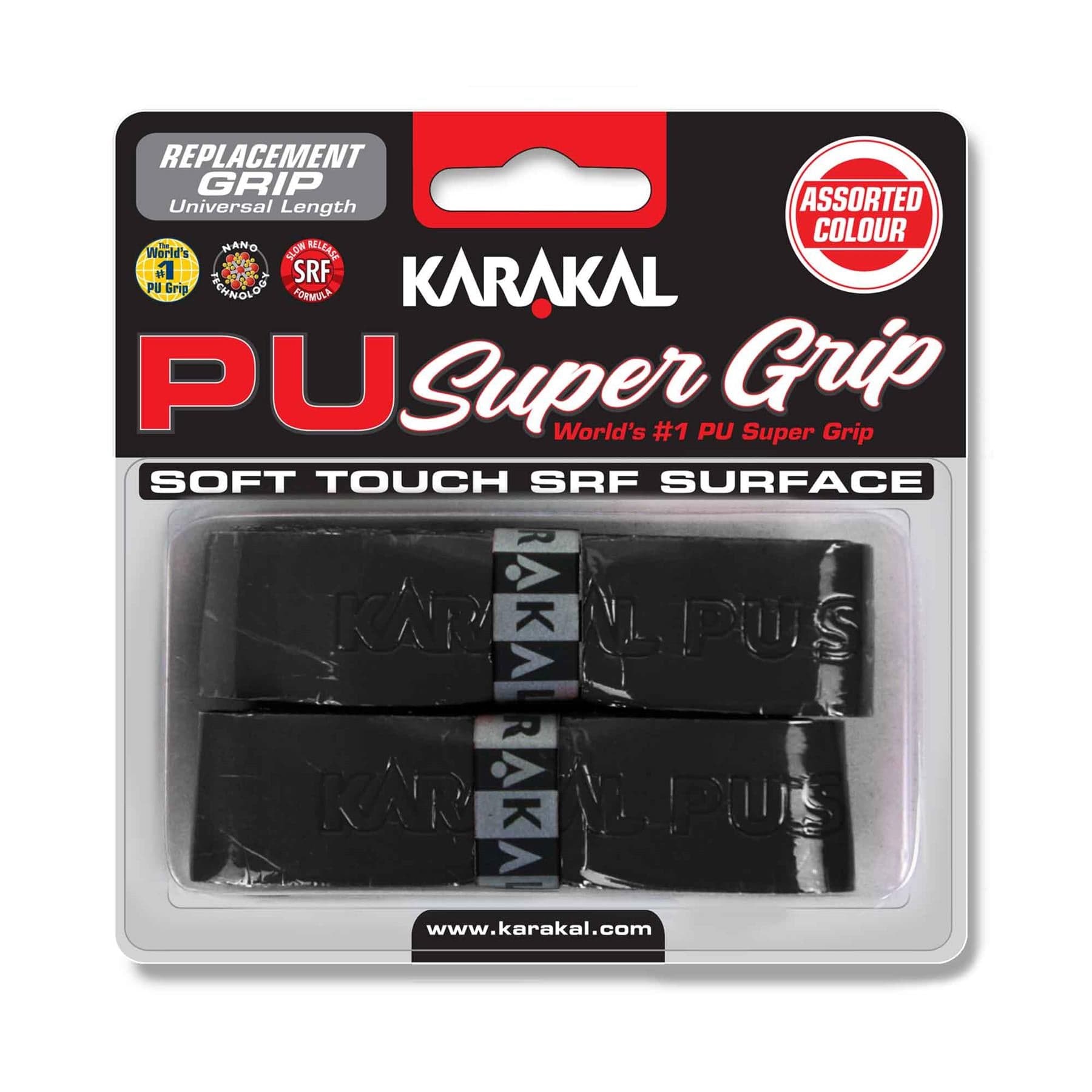 Packaging of the Karakal PU Badminton Grip - Twin Pack in black, featuring a soft touch SRF surface enhanced with nano particles. Includes two grips and highlights its status as the world's top PU super grip for racket sports.