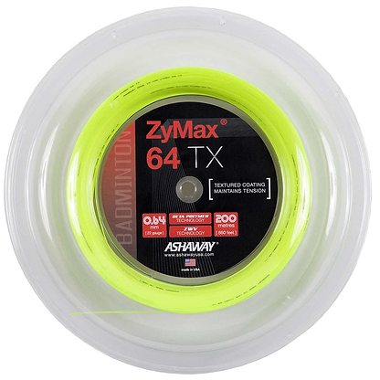 The Ashaway ZyMax 64 TX badminton string set, offered in a striking yellow color and packed in a clear circular reel, incorporates ZyWeave technology to ensure exceptional tension maintenance. The label details its 0.64mm thickness and 200-meter length, along with a textured coating designed for enhanced performance.