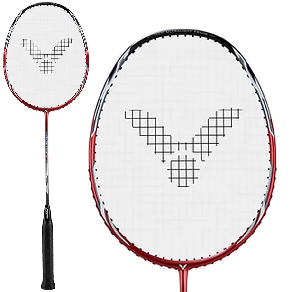 A close-up of the Victor Auraspeed Lightfighter 40 D Badminton Racket in Red / Black, the epitome of a badminton racket, renowned for its lightweight head-heavy design that provides both precision and power.