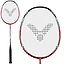 A close-up of the Victor Auraspeed Lightfighter 40 D Badminton Racket in Red / Black, the epitome of a badminton racket, renowned for its lightweight head-heavy design that provides both precision and power.
