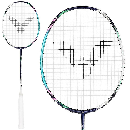 A close-up of the Victor Auraspeed HS B Badminton Racket - Blue highlights its intricate string design. Its frame, augmented with Nano Fortify SR technology, boasts bold colors, while the white handle ensures a secure grip—ideal for any doubles racket aficionado.
