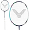 A close-up of the Victor Auraspeed HS B Badminton Racket - Blue highlights its intricate string design. Its frame, augmented with Nano Fortify SR technology, boasts bold colors, while the white handle ensures a secure grip—ideal for any doubles racket aficionado.