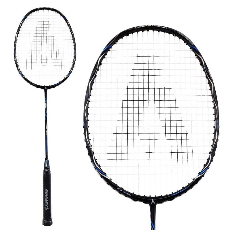 A close-up and side view highlights the Ashaway Phantom Helix NWP Badminton Racket in Black Blue, crafted with Japanese carbon graphite. It features a white string pattern and prominently displays a large "A" design at its center. The sleek black handle is adorned with the brand name "Ashaway" printed in bold white letters.