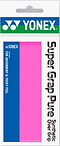 The Yonex AC108 Super Grap Pure - Pink packaging highlights its absorbent, tacky-feel overgrip in a vibrant pink color.