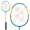 The Yonex Nanoflare E13 Badminton Racket in turquoise and yellow showcases a vibrant frame with a black grip and an isometric head shape. The red Yonex brand logo is prominently displayed on the white strings.