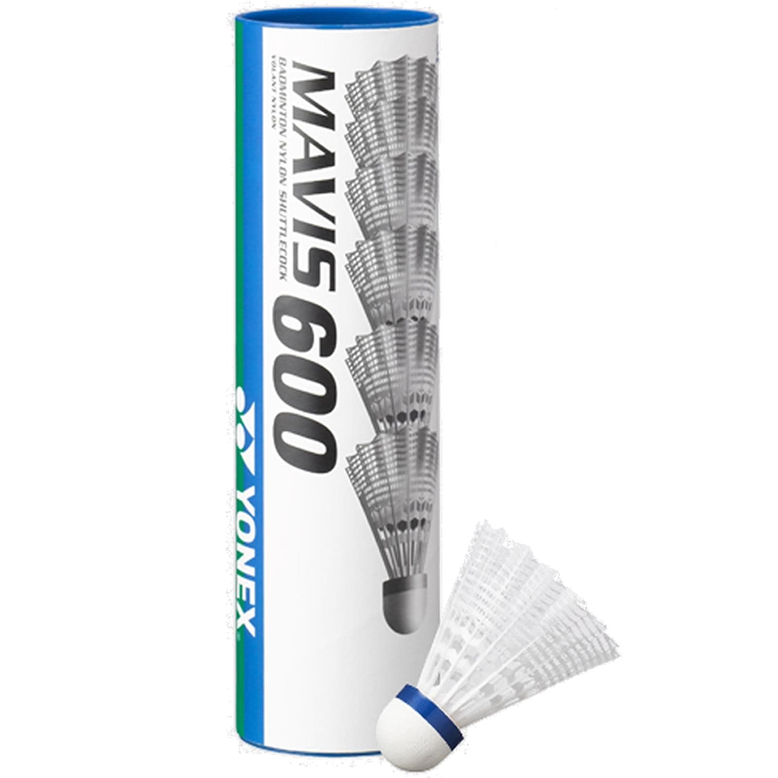 A set of six Yonex Mavis 600 Badminton Nylon Shuttlecocks in white, designed with Wing Rib Technology and a distinctive blue band, is displayed alongside its cylindrical packaging. The predominantly blue and white package features the Yonex branding text.