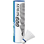 A set of six Yonex Mavis 600 Badminton Nylon Shuttlecocks in white, designed with Wing Rib Technology and a distinctive blue band, is displayed alongside its cylindrical packaging. The predominantly blue and white package features the Yonex branding text.