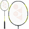 The Yonex Arcsaber 7 Tour Badminton Racket - 4U showcases a grey frame with a dynamic red string pattern set against a white backdrop. Accented by yellow details and featuring a black grip, the racket's head is sharply in focus, highlighting its detailed string design, ideal for the versatile player.