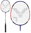The Victor AL-3300 Badminton Racket by Victor showcases a blue and red aerodynamic frame complemented by a black grip. The strings create a geometric pattern with the brand's stylized logo at the center. A full view of the racket is presented alongside a close-up of its head.