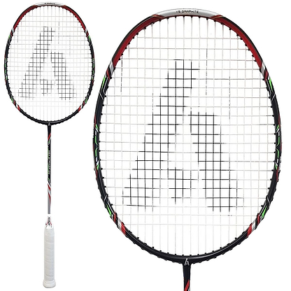 The Ashaway Vex Striker 100 badminton racket features a black and red design with a white grip. Its strings form a stylized "A," and the frame's metallic finish is enhanced with green accents. Made from graphite, this Ashaway racket embodies performance and style.