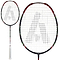 The Ashaway Vex Striker 100 badminton racket features a black and red design with a white grip. Its strings form a stylized "A," and the frame's metallic finish is enhanced with green accents. Made from graphite, this Ashaway racket embodies performance and style.