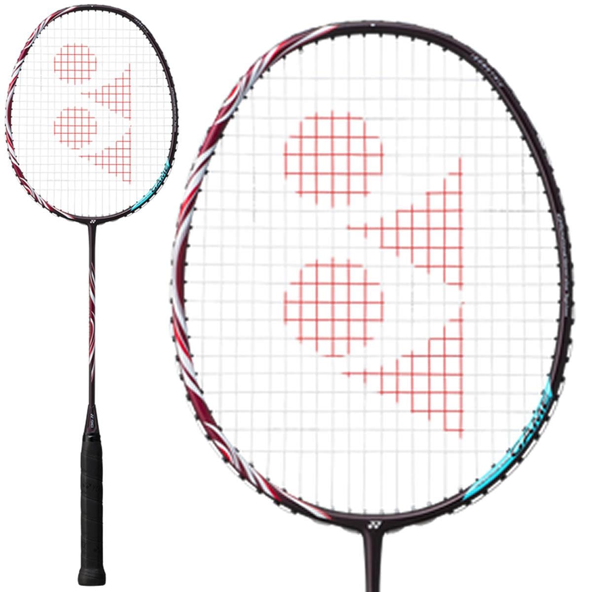 The Yonex Astrox 100 Game 3U Kurenai badminton racket, offered by Yonex in a striking red design, features a black handle and frame ideal for executing steep attacks. The stringing is adorned with a distinctive red geometric logo, while the head-heavy frame showcases subtle accents of red and blue. The racket is presented from two angles to emphasize its dynamic design.