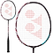 The Yonex Astrox 100 Game 3U Kurenai badminton racket, offered by Yonex in a striking red design, features a black handle and frame ideal for executing steep attacks. The stringing is adorned with a distinctive red geometric logo, while the head-heavy frame showcases subtle accents of red and blue. The racket is presented from two angles to emphasize its dynamic design.