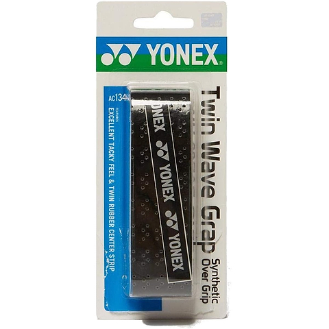 The Yonex AC139EX Twin Wave Grap Badminton Overgrip in black prominently features the brand's logo and highlights its notable qualities. As a synthetic overgrip designed for rackets, it provides an outstanding tacky feel and includes a twin rubber center strip for improved performance.