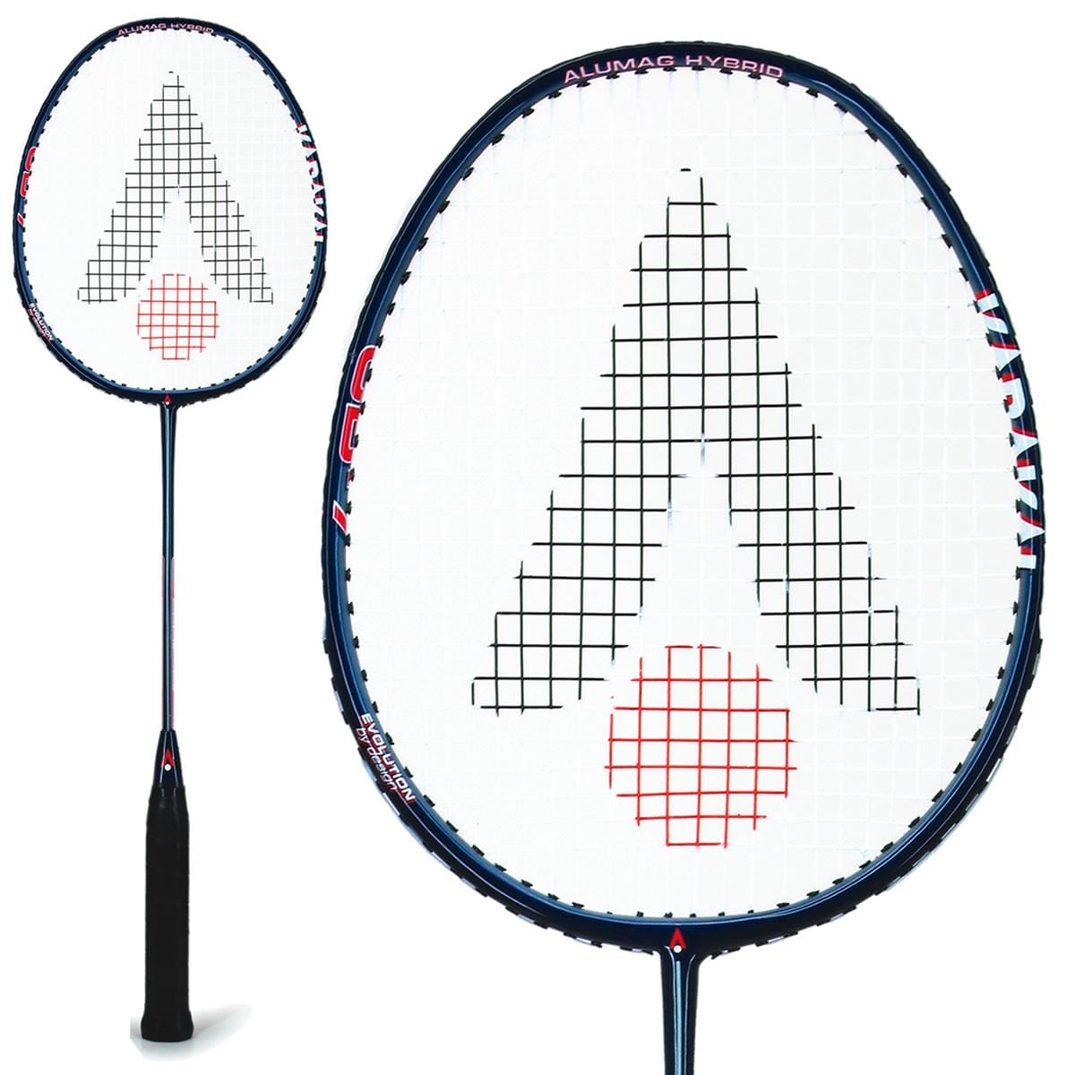 Close-up of two Karakal CB-7 badminton rackets by Karakal. One displays the full length with a dark PU Super grip handle, while the other highlights the oval head with an isometric shape, boasting a black and red string pattern. The racket frame features the text "Alumac Hybrid.