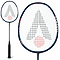 Close-up of two Karakal CB-7 badminton rackets by Karakal. One displays the full length with a dark PU Super grip handle, while the other highlights the oval head with an isometric shape, boasting a black and red string pattern. The racket frame features the text "Alumac Hybrid.