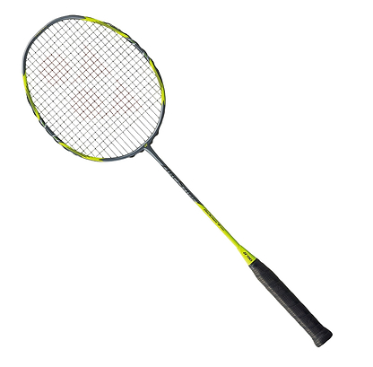 The Yonex Arcsaber 7 Pro badminton racket, perfect for all-round players, features a sophisticated grey and yellow color palette with a chic grip and grid-patterned strings. Set diagonally against a solid black backdrop, it represents an ideal fusion of style and performance.