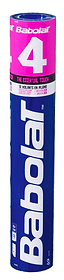 A set of 12 Babolat 4 Badminton Feather Shuttles, featuring a blue and pink design with branding and product information on a sleek black background, is ideal for training sessions.