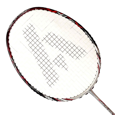 Close-up of an Ashaway Superlight 7 Hex Badminton Racket head, featuring silver and red trim on a white background. The strings form a precise grid pattern within the oval frame, enhanced by Hex Frame technology and constructed with durable graphite layers.