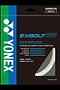 This package of Yonex Exbolt 65 badminton string in white highlights the model "EXBOLT 65" with its quick repulsion and durability, delivering excellent hitting sound and shock absorption. The string features a gauge of 0.65mm and is available in a length of 10m, made in Japan.