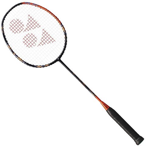 The Yonex Astrox 77 Play 4U Badminton Racket - High Orange is a stylish graphite racket that incorporates ISOMETRIC technology. It features a black design accented with an orange trim and showcases the logo pattern on its strings. The handle, covered in black grip tape, emphasizes its premium quality as it leans diagonally against a white background.