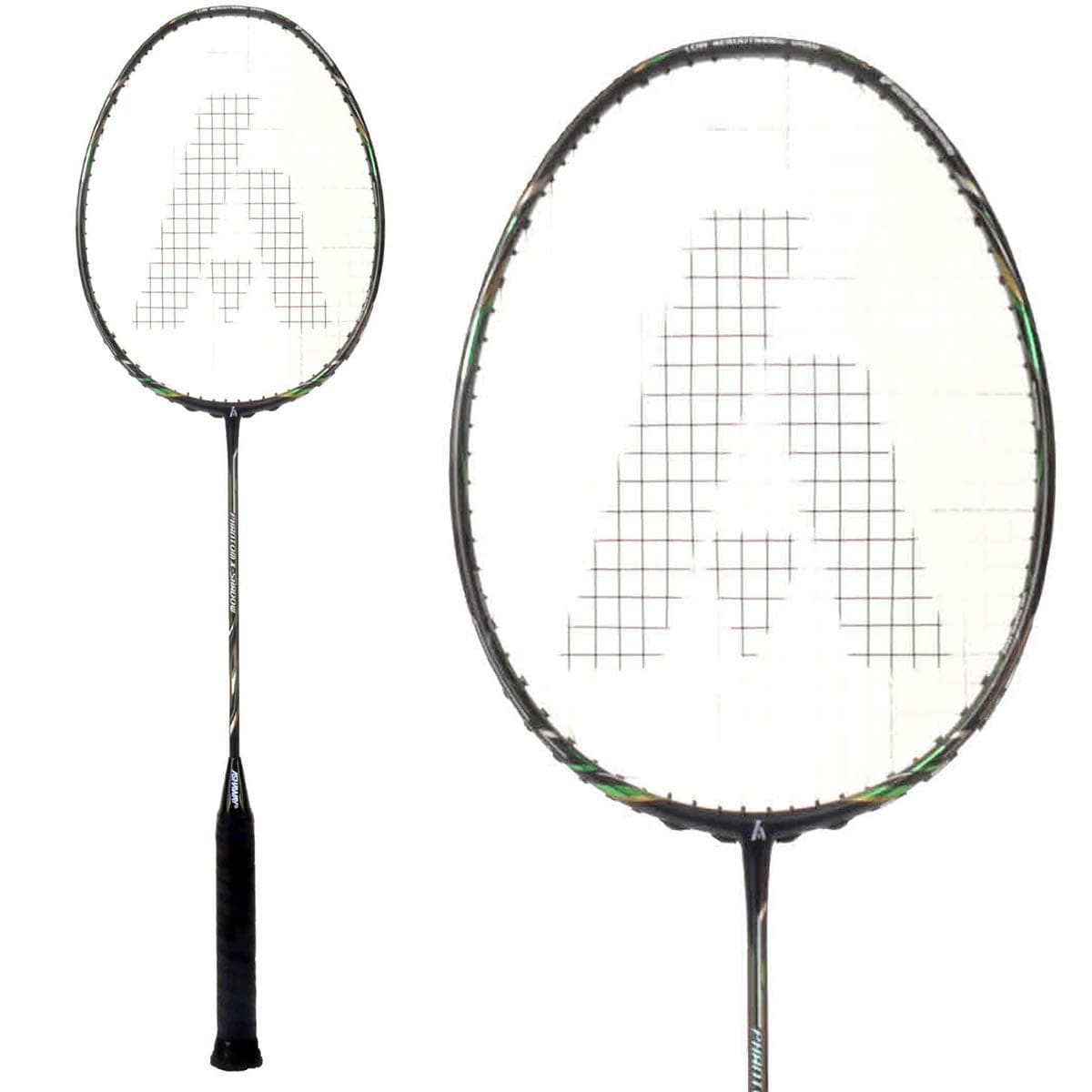 Close-up of an Ashaway Phantom X-Shadow Badminton Racket - Black Green handle and a white net, adorned with a stylized "A" design. The racket features an extra slim shaft profile and a round frame. The image highlights both the complete Phantom X-Shadow racket and an enlarged view of the head.
