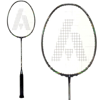 Close-up of an Ashaway Phantom X-Shadow Badminton Racket - Black Green handle and a white net, adorned with a stylized "A" design. The racket features an extra slim shaft profile and a round frame. The image highlights both the complete Phantom X-Shadow racket and an enlarged view of the head.