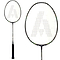 Close-up of an Ashaway Phantom X-Shadow Badminton Racket - Black Green handle and a white net, adorned with a stylized "A" design. The racket features an extra slim shaft profile and a round frame. The image highlights both the complete Phantom X-Shadow racket and an enlarged view of the head.