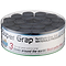 Introducing the Yonex AC102-36EX Super Graps Badminton Overgrip - 36 Pack in black, a round container featuring the renowned Super Grap synthetic overgrip for badminton rackets. Celebrated for its outstanding sweat absorption, it is labeled as a best-seller with enough grips sold to wrap around the Earth three times.