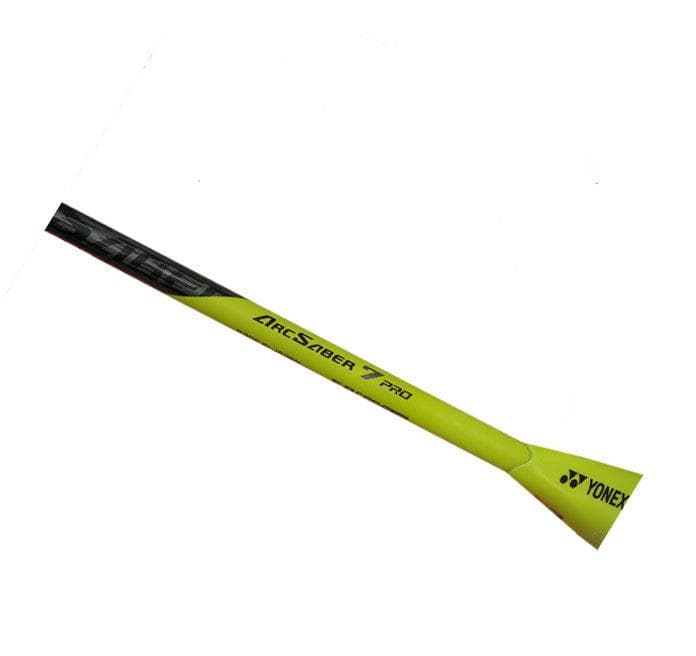 The Yonex Arcsaber 7 Pro Badminton Racket in Grey Yellow boasts a striking yellow shaft with "ArcSaber 7 Pro" elegantly written in black. Designed for the versatile player, it features the Yonex logo near the handle, offering both style and performance on the court.