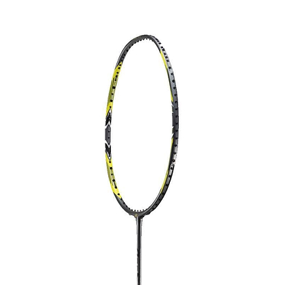 A close-up of the Yonex Arcsaber 7 Pro Badminton Racket in Grey Yellow showcases a distinctive frame. The absence of visible strings draws attention to its sleek design, which is tailored for all-round players. The plain white background accentuates its striking color pattern.