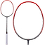 A Li-Ning 3D Calibar 300 Boost Badminton Racket in black with red accents features a Dynamic-Optimum Frame and showcases an eye-catching design. The handle is wrapped in white grip tape for enhanced comfort. The image includes both a full view and a detailed close-up of the racket's head, highlighting its precision design.