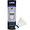 A cylindrical tube marked with "VICTOR 3000 Nylon White Badminton Shuttlecocks" is positioned next to a premium quality white and blue shuttlecock, specifically designed for badminton. This set by Victor epitomizes excellence, incorporating a hint of Portuguese cork design in each shuttlecock.