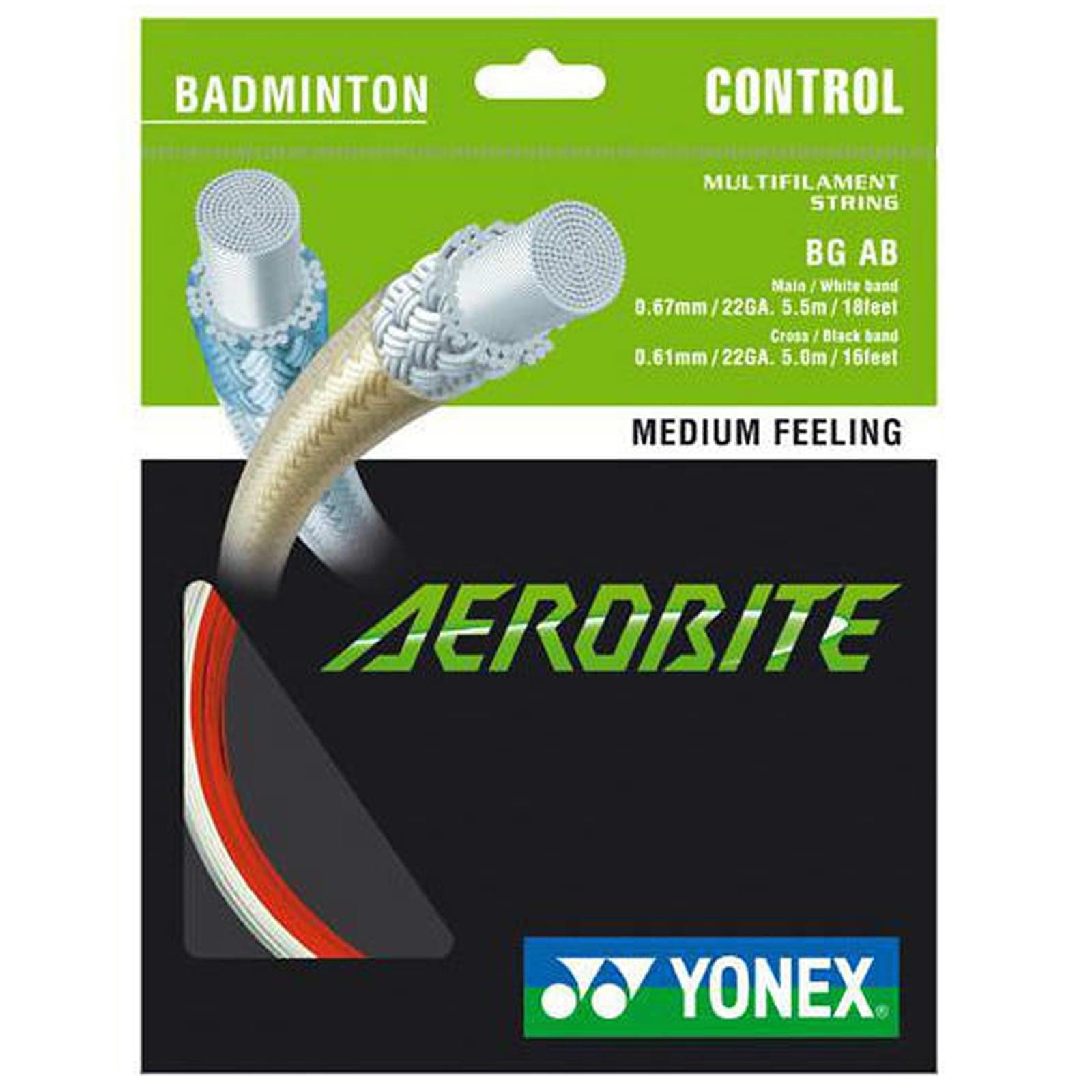 The Yonex AeroBite badminton string package showcases a stylish white and red design. It incorporates hybrid stringing for improved control and offers a medium feel. The front label includes vital details such as thickness (0.67/0.61mm) and length (10m), making it perfect for players aiming for precision in their game.