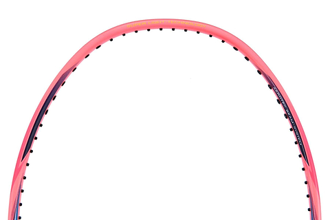 Close-up of a Li-Ning Windstorm 74 Badminton Racket frame featuring a pink and black design. The top portion displays its string holes and printed specifications. Its ultralight construction is characteristic of the Li-Ning Windstorm range, while the plain white background accentuates the frame's vibrant colors and details.