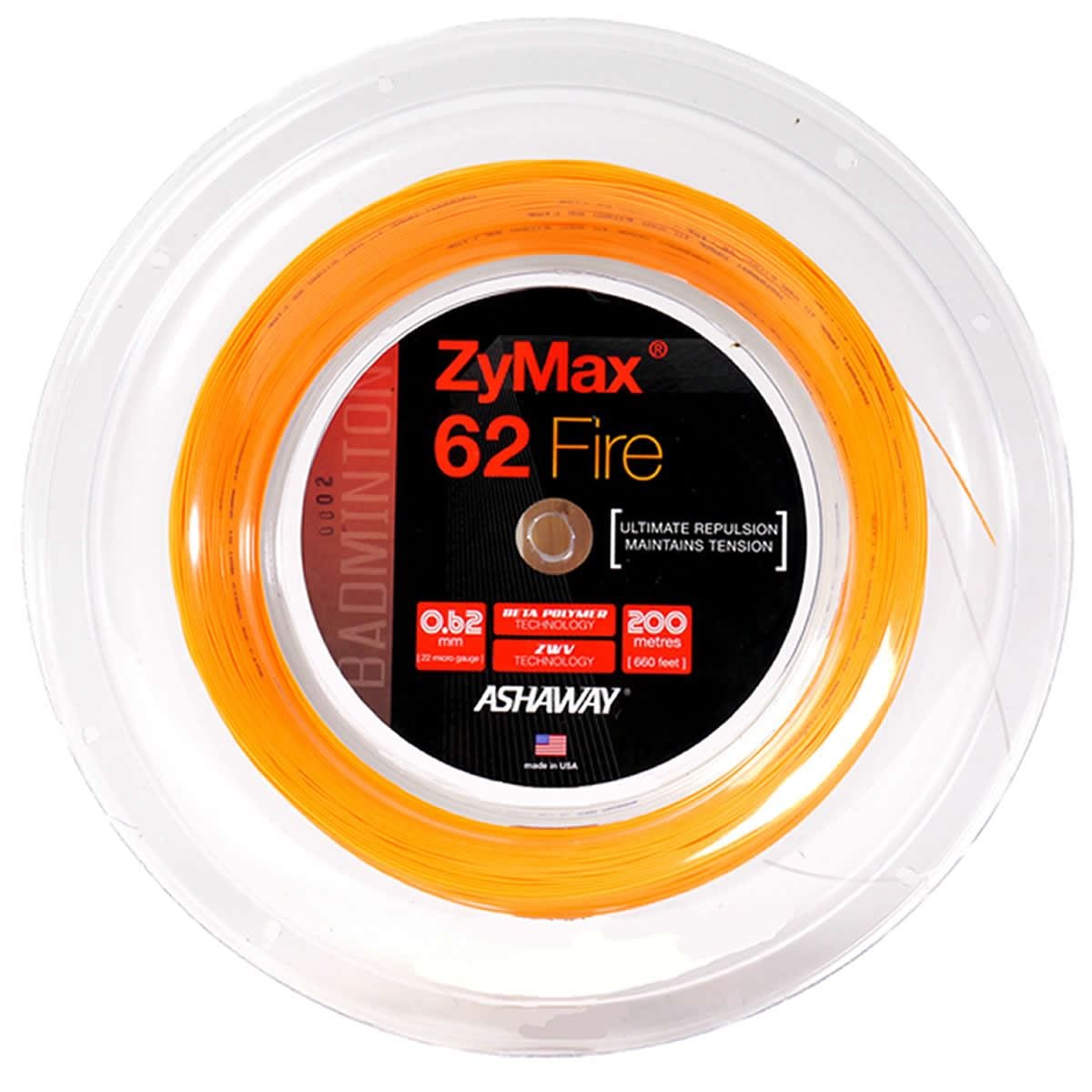 A reel of Ashaway Zymax 62 Fire badminton string, in a vibrant orange color ideal for professional players looking for superior repulsion. It comes in clear plastic packaging, showcasing its 0.62 mm thickness and 200-meter length with the Ashaway brand prominently displayed.