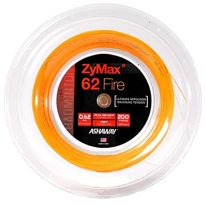 A reel of Ashaway Zymax 62 Fire badminton string, in a vibrant orange color ideal for professional players looking for superior repulsion. It comes in clear plastic packaging, showcasing its 0.62 mm thickness and 200-meter length with the Ashaway brand prominently displayed.