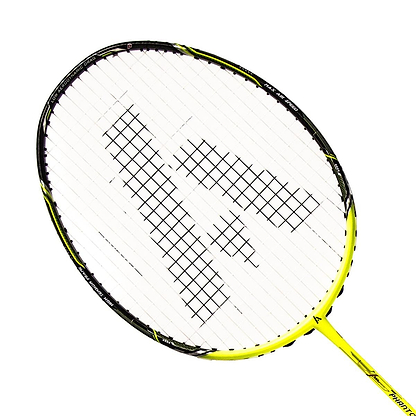 Introducing the Ashaway Phantom X Speed II Badminton Racket in Yellow Black: This racket showcases a vibrant yellow design with black details and white strings. It features a striking geometric pattern at the center, while the Phantom Airflow System boosts your swing performance. Additionally, its Zymax Fire 69 strings provide optimal tension and superior durability for every match.