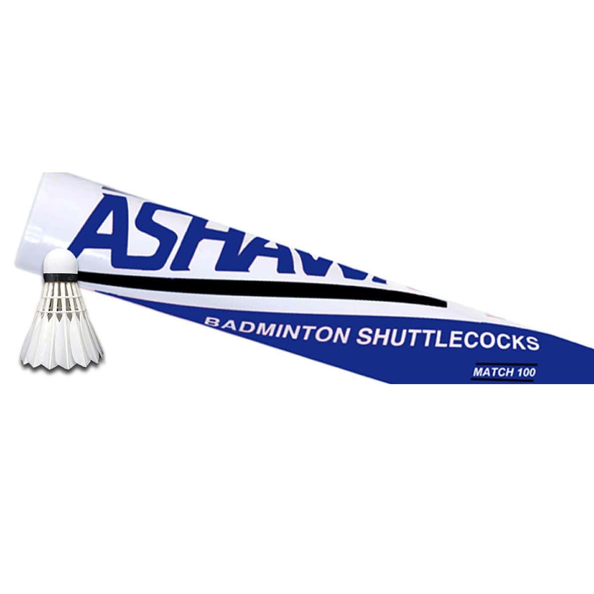 A tube of Ashaway Match Feather Shuttles, perfect for club-level play, is displayed with its distinctive blue and white branding. To the left of the tube sits a feather shuttlecock crafted from premium goose feathers.