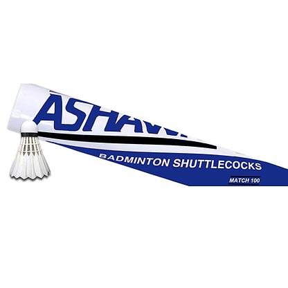 A tube of Ashaway Match Feather Shuttles, perfect for club-level play, is displayed with its distinctive blue and white branding. To the left of the tube sits a feather shuttlecock crafted from premium goose feathers.